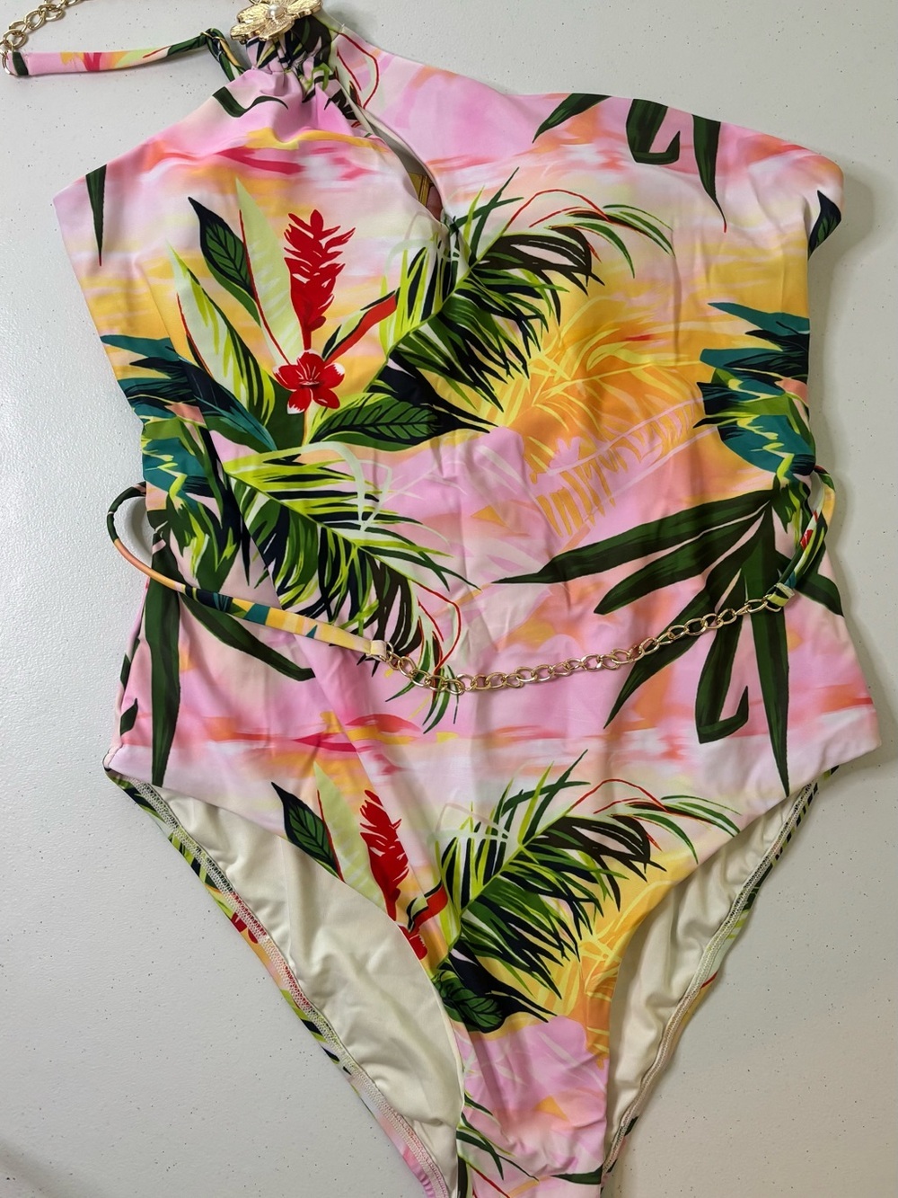 Fashion Nova Pink Tropical One-Piece Swimsuit with Gold Chain - Picture 2 of 6